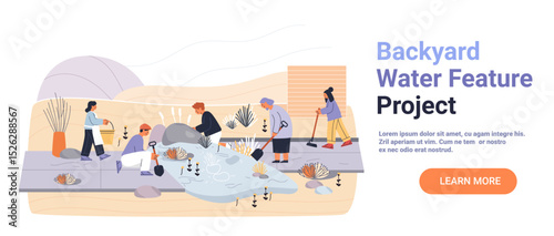 Backyard water feature project people gardening landscaping pond plants teamwork outdoor nature modern flat design website banner