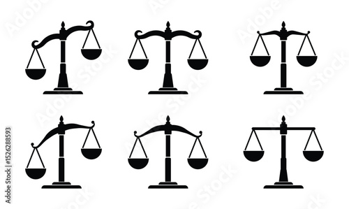 Scales of Justice Silhouette Icon Set – Balance Symbols Isolated on Transparent Background