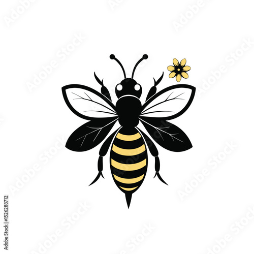 silhouette vector icon of flying  Bee with flower on white background