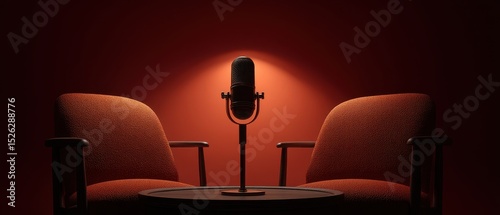 Podcast concept, A modern podcast studio featuring a microphone and two cozy chairs, set against a rich red backdrop, creating an inviting atmosphere for engaging conversations.