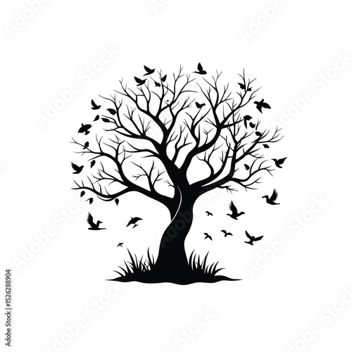 silhouette vector icon of leafless tree with birds flying away on a white background in Adobe Illustrator Artwork