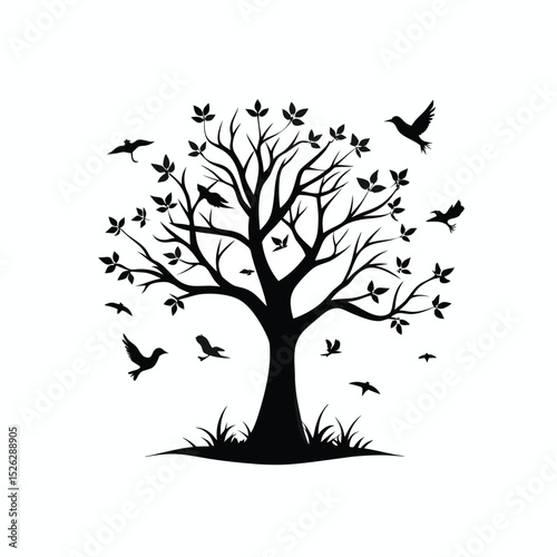 silhouette vector icon of leafless tree with birds flying away on a white background in Adobe Illustrator Artwork