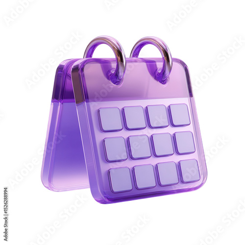 Purple Glass Calendar Icon Design Minimalist 3D Render,, isolated on transparent background, perfect cutout, PNG