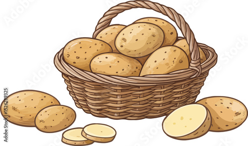 Potato in basket in kitchen Illustration vector design, Potato vector design, Potatoes in basket vector design
