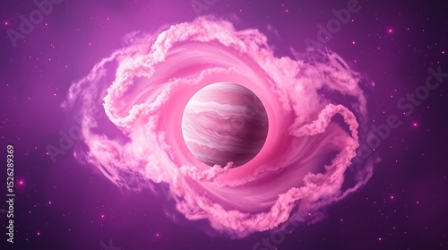 Pink planet surrounded by a swirling nebula against a backdrop of a dark purple starry sky view