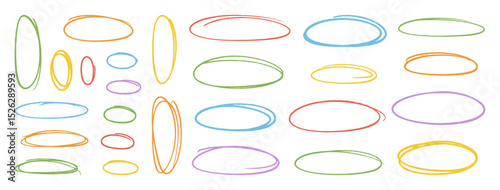 Crayon multicolored outline ovals or ellipses set. Pencil hand drawn emphasis elements, freehand line art frames. Doodle style chalk sketches, round shapes on white background. Vector illustration