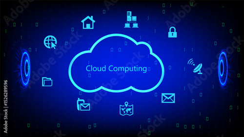Digital cloud computing concept with blue cloud icon, technology symbols, and binary code background for data storage and network system themes