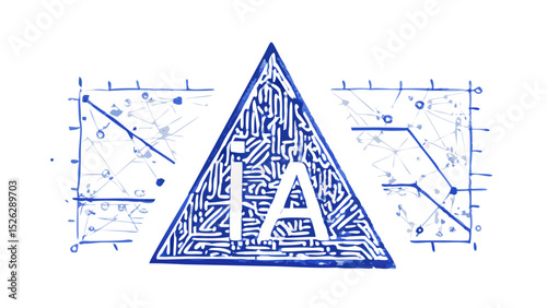 Design featuring an abstract representation of technology and circuits with a triangular shape and interconnected lines