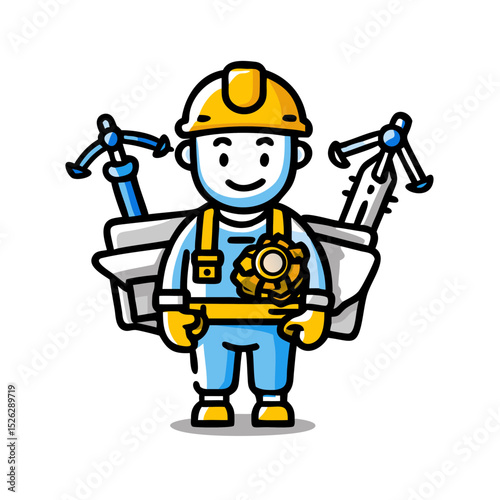 Skilled worker holding tools in a construction setting with safety gear on a bright background