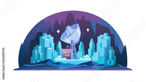 Futuristic city with satellite dish surrounded by mountains at night