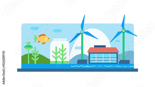 Eco-friendly landscape with wind turbines, a fish tank, and plants highlighting sustainable energy and vibrant aquatic life