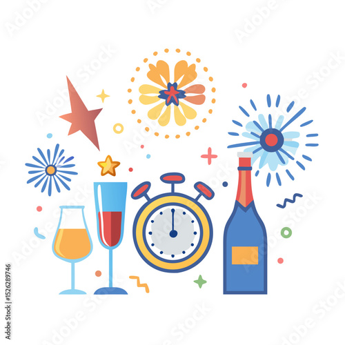 Festive celebration with drinks, fireworks, and countdown timer for a joyful New Year's Eve party
