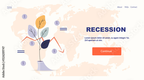 Recession economic crisis concept plant declining graph world map background falling coins abstract leaves modern website template