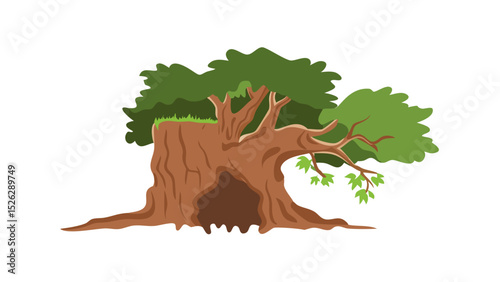 Illustration of a majestic tree with a hollow trunk and lush green leaves showcasing nature’s beauty in a vibrant design