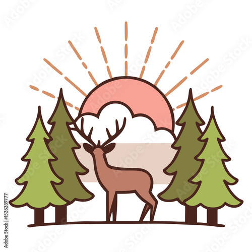 Beautiful deer standing among pine trees under a colorful sunrise in a tranquil forest setting