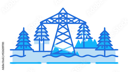 Power lines stand tall over a serene forest landscape at dawn with a calming river nearby