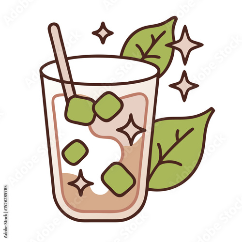 Refreshing iced drink with green ingredients and ice cubes captured in a minimalist style