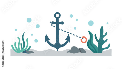 Colorful underwater scene with an anchor and vibrant sea plants showcasing marine life and oceanic beauty