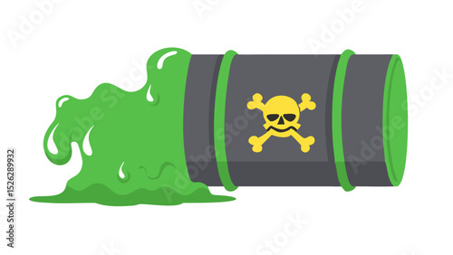 Green hazardous material spills from barrel causing environmental concern in urban area