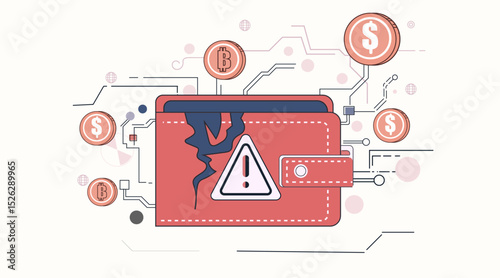Broken wallet financial crisis warning digital currency coins circuit background modern web banner