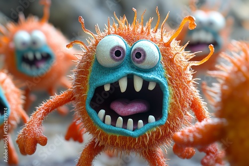 Cartoon germs with orange fur and teal faces screaming and approaching menacingly photo