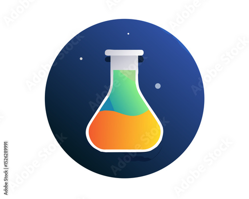 Colorful laboratory flask filled with vibrant liquids under a dark blue backdrop