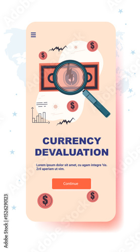 Currency devaluation economic crisis magnifying glass dollar bill falling chart financial downturn mobile app screen template