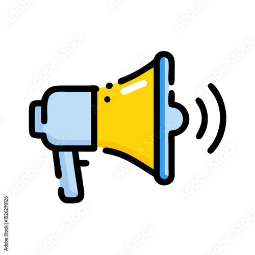 Bright yellow megaphone with blue accents creating sound waves for announcement in a lively environment