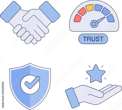 Trust rating and handshake icons showing trust approval dial, heart shield, verified meter and loyalty partnership.