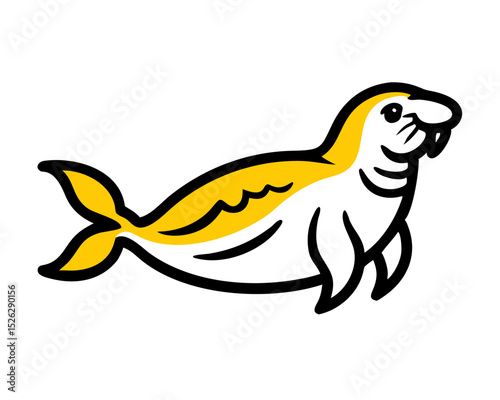 Cartoon walrus with yellow accents swimming in a playful pose against a simple background