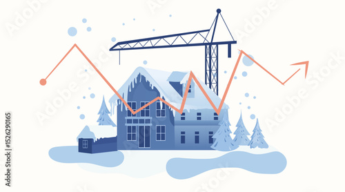 Real estate crisis recession falling housing market graph snowy house construction crane winter landscape economic downturn blue palette banner