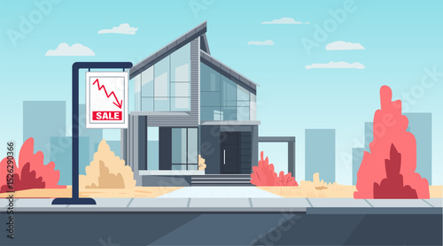 Modern house real estate price drop crisis residential property with declining graph sign autumn cityscape background website banner