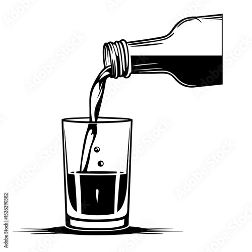 Bottle Pouring Drink into Glass Black and White SVG Vector Outline