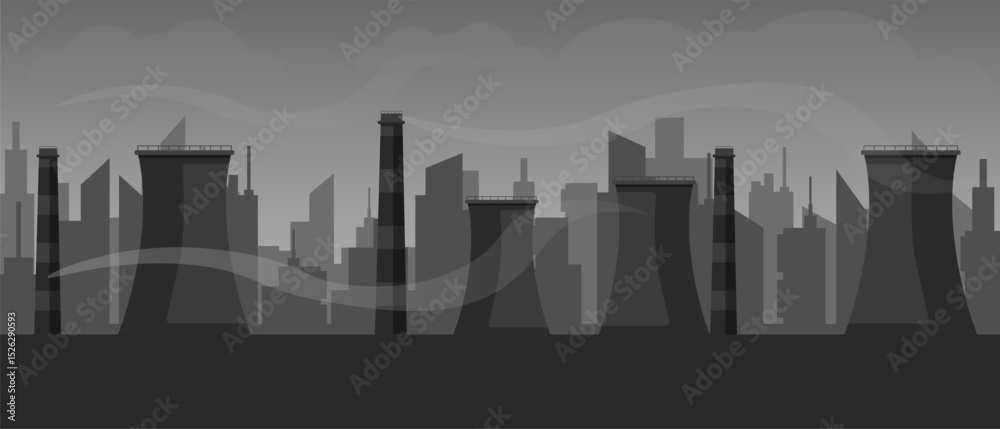 Naklejka premium City skyline showing industrial buildings in a monochrome urban setting with various silhouettes.