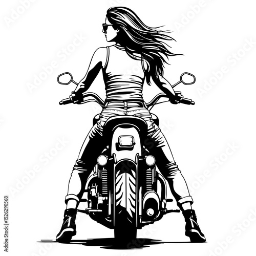 Woman on Motorcycle Black and White SVG Vector Outline