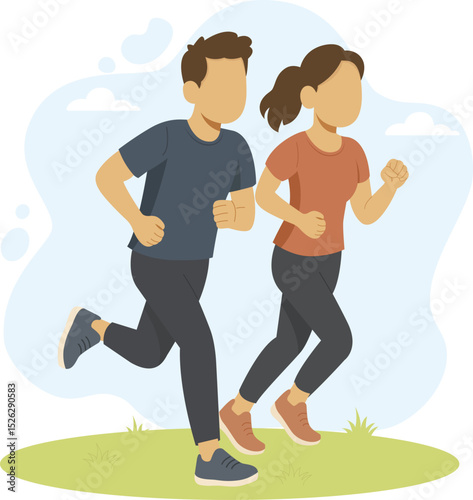 Trendy flat character design on runners couple full length isolated. Vector adult fitness man and woman running in summer outfits. Illustration in flat style