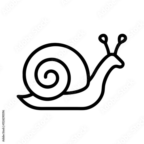 Snail crawling on a surface with a spiraled shell and antennae in a minimalistic black and white design