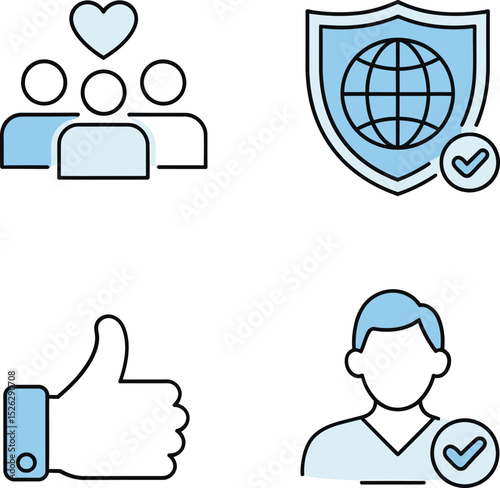 Social network and verified icons showing group communication, trust approval, shield symbol and secure circle.