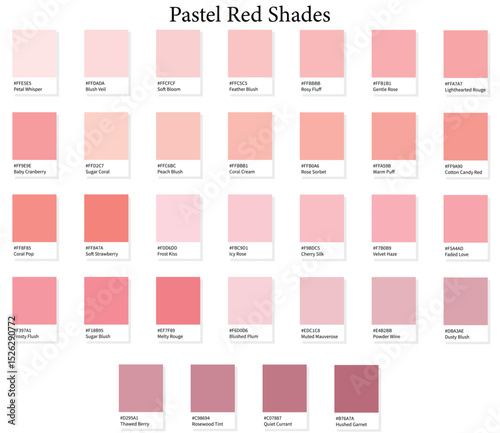 32 Pastel Red Shades Color Swatches - 3d Light and Neutral Reds Tones - with HEX Codes and Names, Colour Palette, Scheme and Gradient