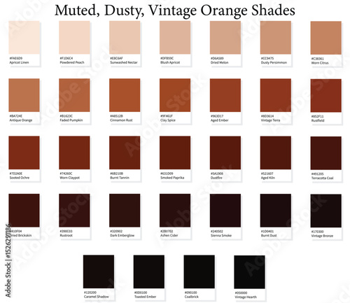 32 Muted and Dusty Orange Shades Color Swatches - 3d Vintage Oranges to Dark Deep Tones - with HEX Codes and Names, Colour Palette, Scheme and Gradient