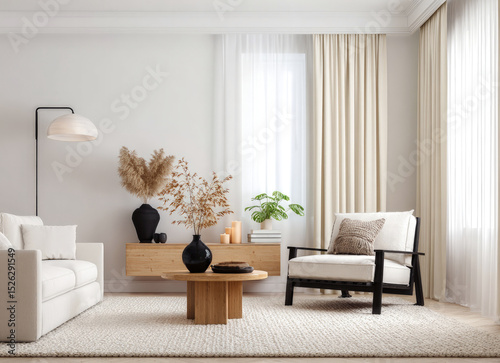 Modern living room with neutral tones, soft textures and minimalist decor featuring a cozy armchair, wood furniture and dried botanical accents.