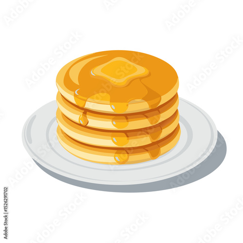 Stack of fluffy pancakes drizzled with syrup on a white plate, perfect for a delicious breakfast treat
