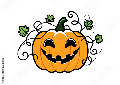 Happy pumpkin with vines and leaves creates a festive autumn atmosphere for Halloween celebrations and activities at local events