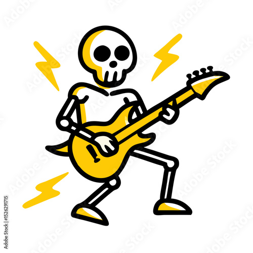 Colorful skeleton rocking out with electric guitar and lightning bolts in a lively music scene