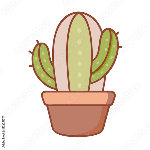 Cactus in a pot with green arms placed against a simple background inside a cozy indoor environment