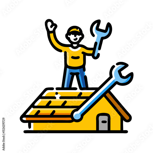 Roof technician installs solar panels and repairs rooftop structure during sunny day at residential location