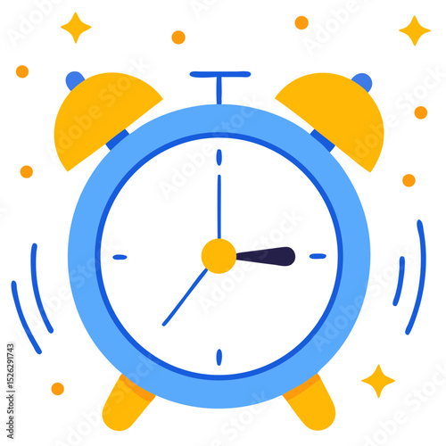 Colorful alarm clock indicating time with bells ringing and sparkles around it to signify urgency and attention during daytime