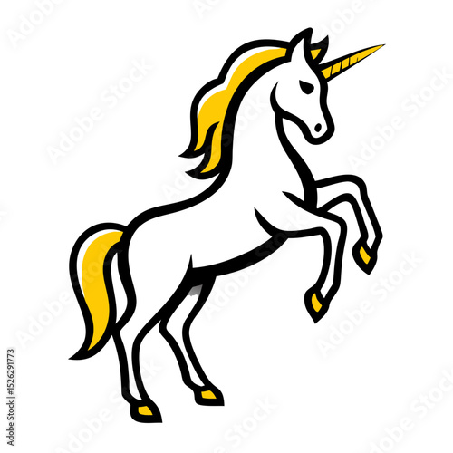 Majestic unicorn illustration with vibrant mane and detailed features and a striking golden horn