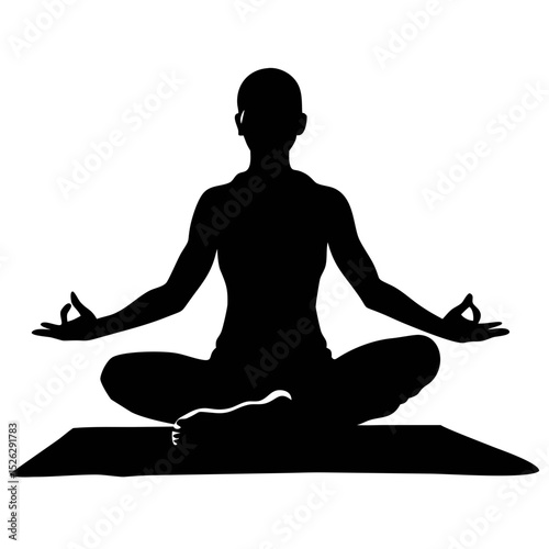 Silhouette of a person meditating in a lotus position on a yoga mat indoors at sunset