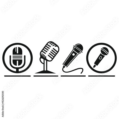 Collection of Microphones in Black and White Silhouette Style